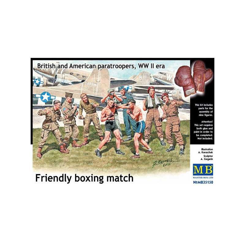 Friendly boxing match. British and American paratroopers, WW II era